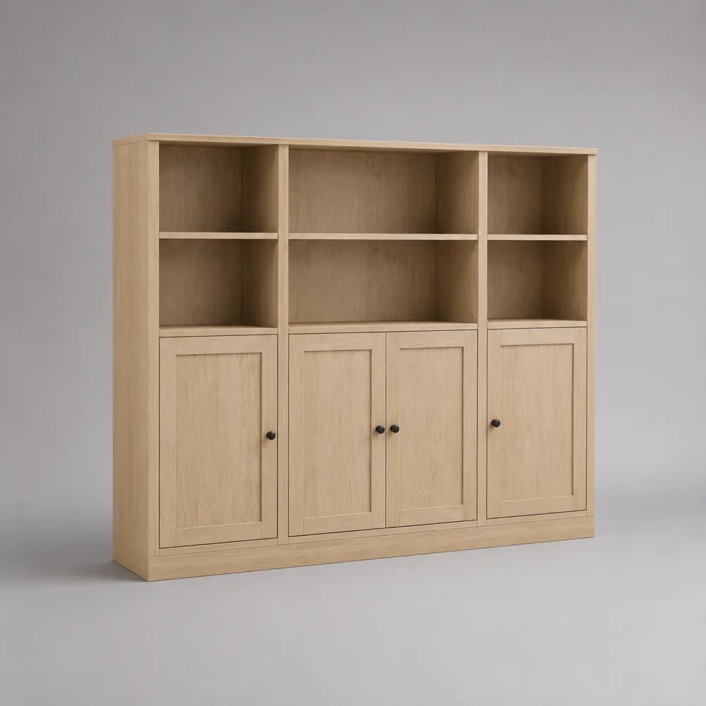 Credenza con scaffale a 4 ante in MDF e truciolare, effetto rovere naturale, 180 x 40 x 160 cm