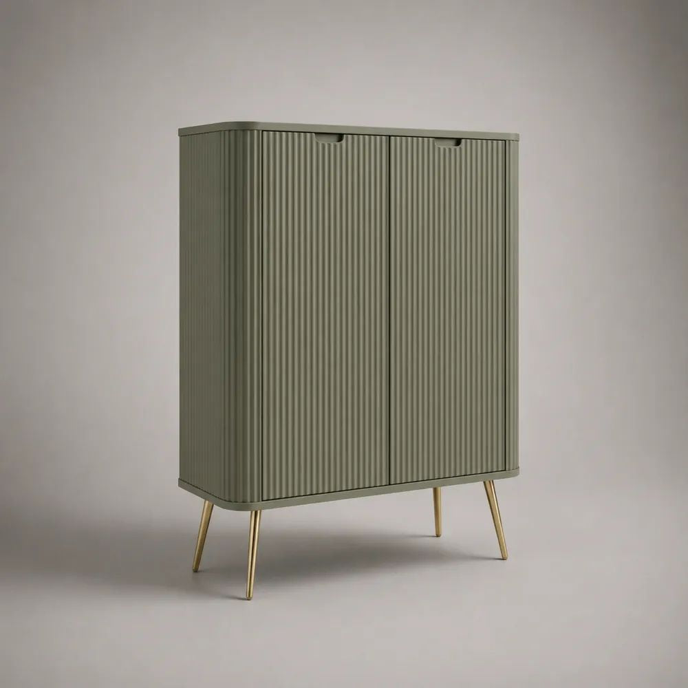 Credenza alta rettangolare a 2 ante in MDF scanalato con gambe in acciaio, verde oliva e oro, 100 x 40 x 130 cm