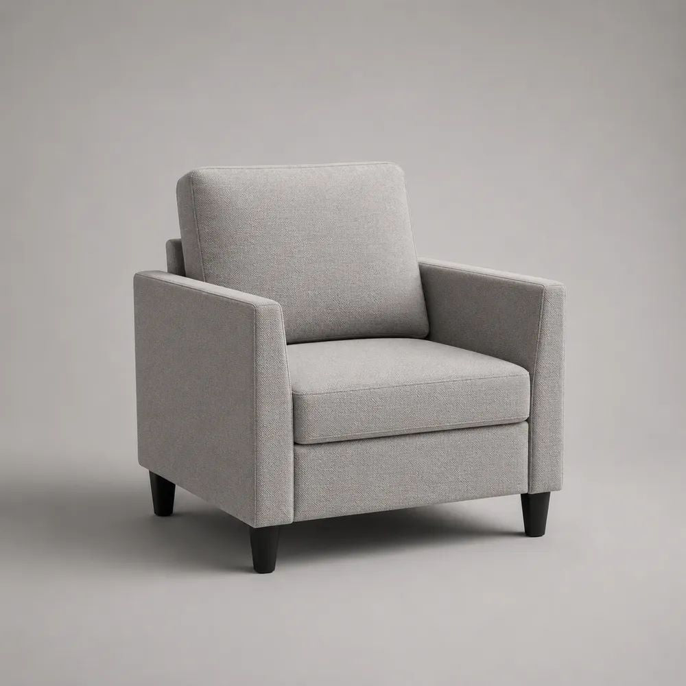 Poltrona imbottita in poliestere grigio chiaro con braccioli e gambe nere, 80 × 78 × 82 cm