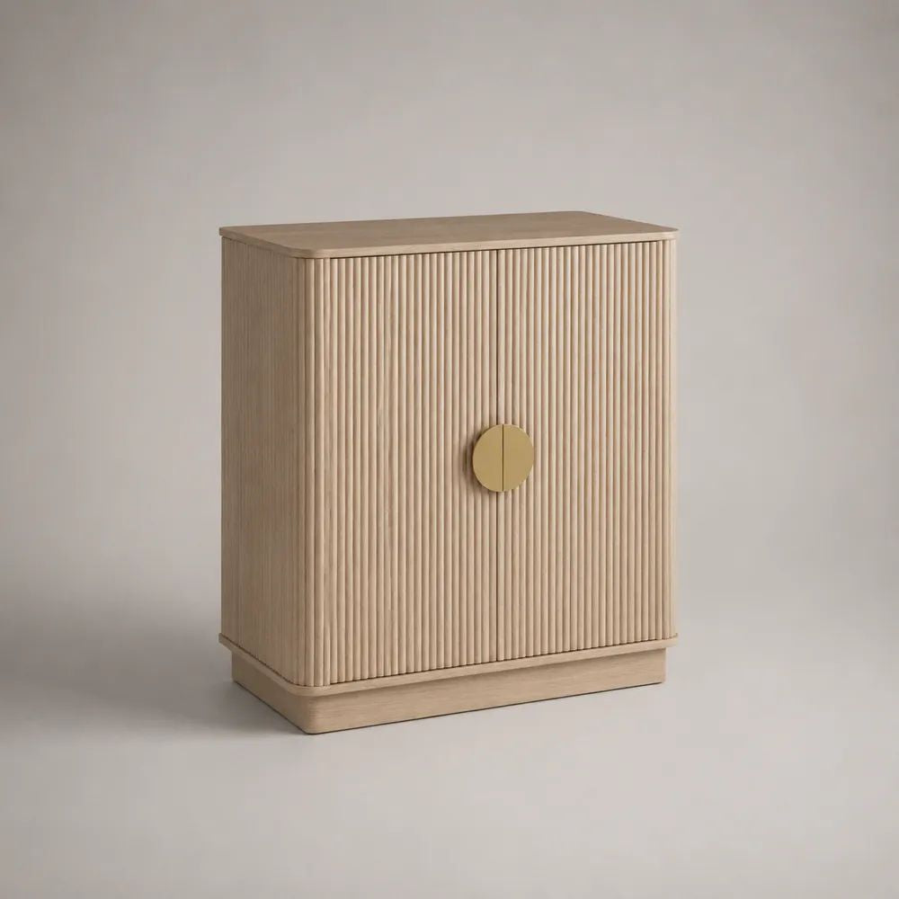 Credenza a 2 ante in MDF impiallacciato con frontale scanalato, beige chiaro e oro, 80 x 40 x 90 cm