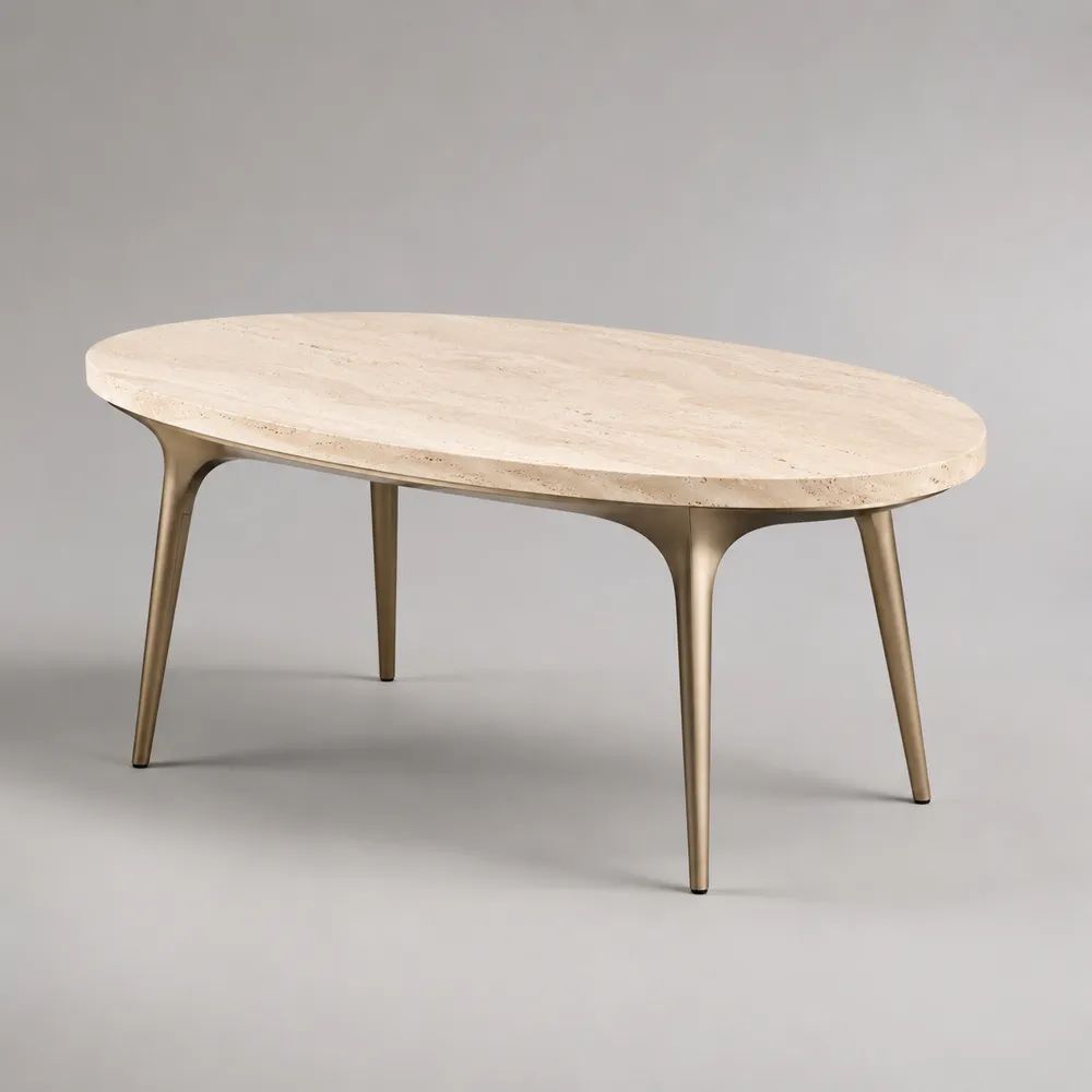 Tavolino da salotto ovale in travertino beige con gambe in acciaio color ottone, 100 × 60 × 45 cm