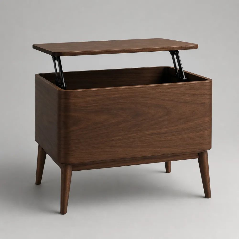 Tavolino contenitore rettangolare con piano elevabile in legno e metallo, marrone noce e nero, 80 x 50 x 60 cm