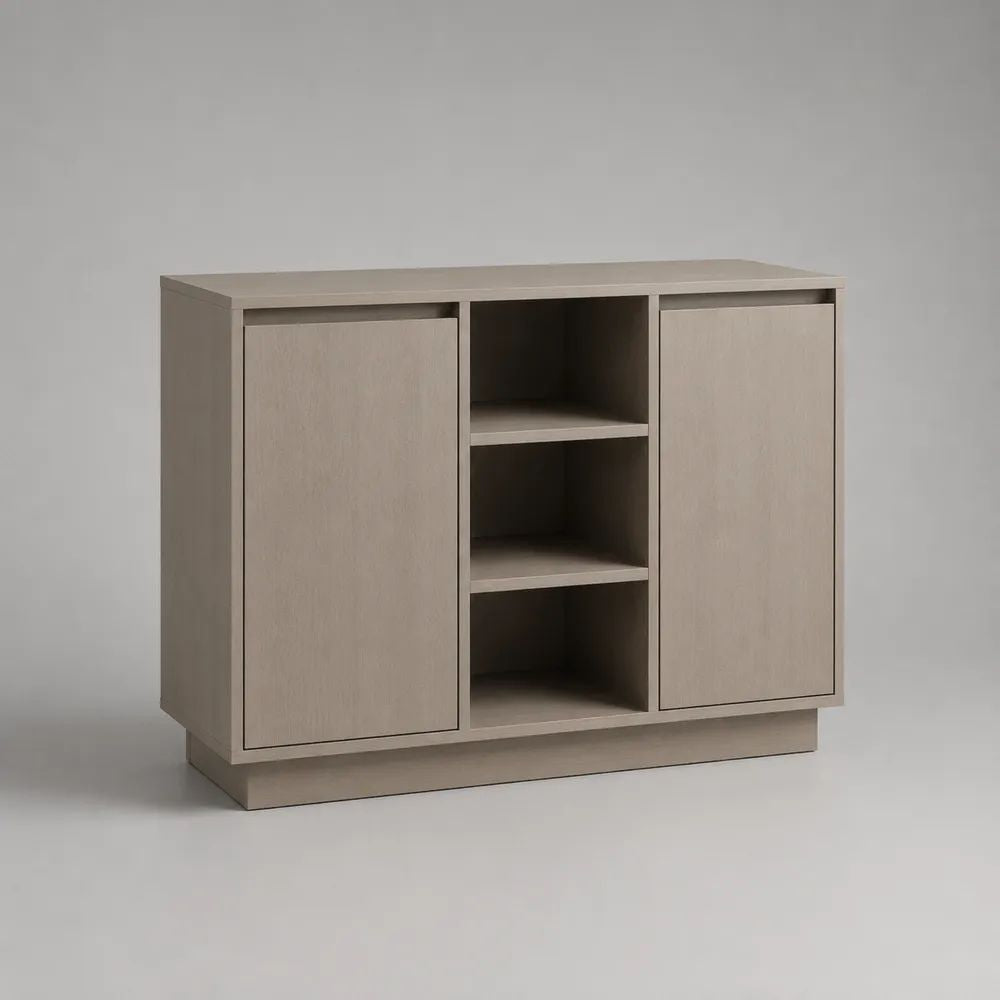 Credenza rettangolare in pannello truciolare melaminico beige con 2 ante e 3 vani, 120 × 40 × 90 cm