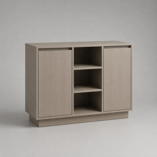 Credenza rettangolare in pannello truciolare melaminico beige con 2 ante e 3 vani, 120 × 40 × 90 cm