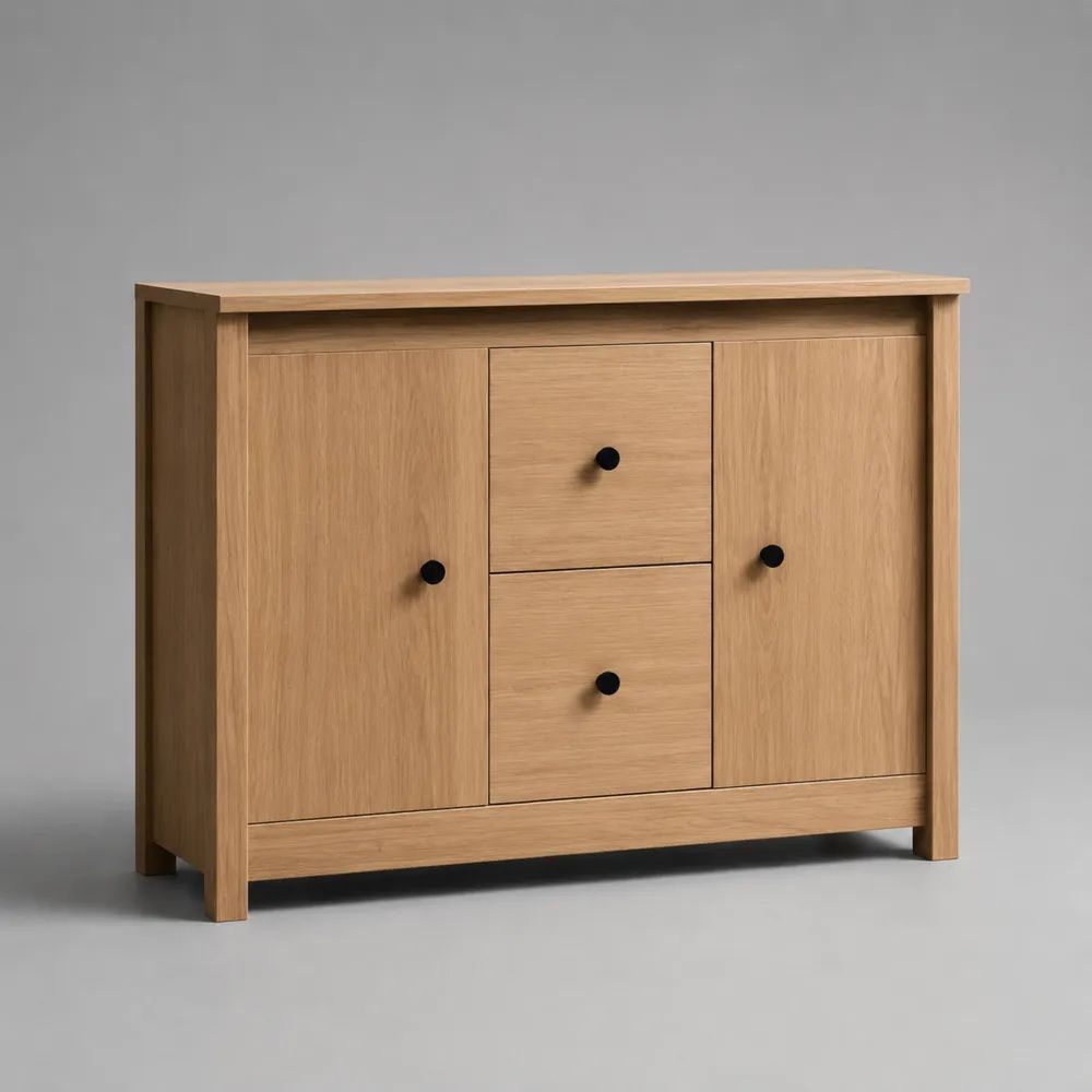 Credenza rettangolare in MDF impiallacciato rovere con 2 ante e 2 cassetti, rovere naturale e nero, 120 x 40 x 85 cm
