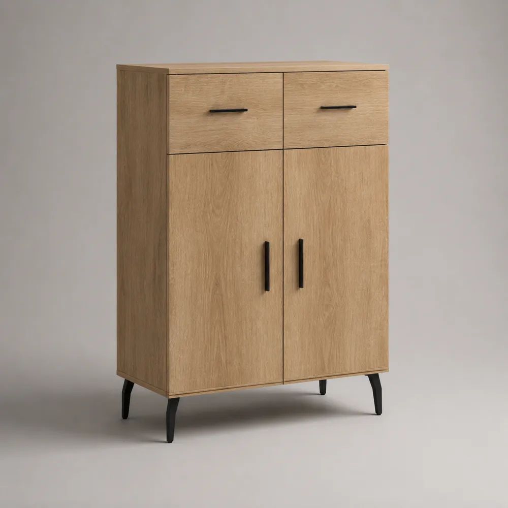 Credenza alta rettangolare in legno e metallo con 2 ante e 2 cassetti, rovere naturale e nero, 80 × 40 × 120 cm