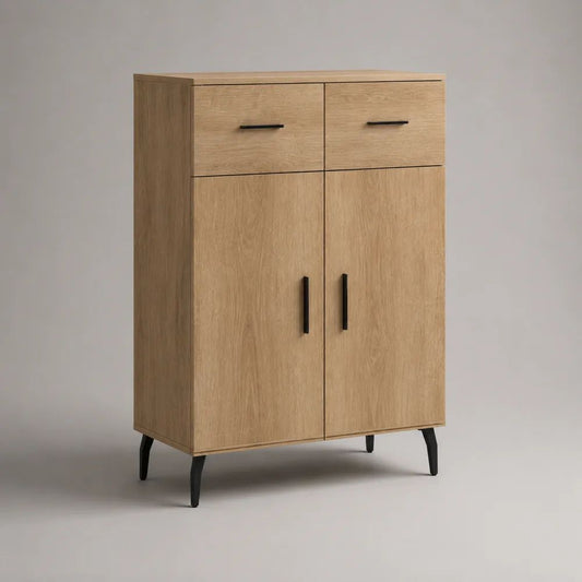 Credenza alta rettangolare in legno e metallo con 2 ante e 2 cassetti, rovere naturale e nero, 80 × 40 × 120 cm