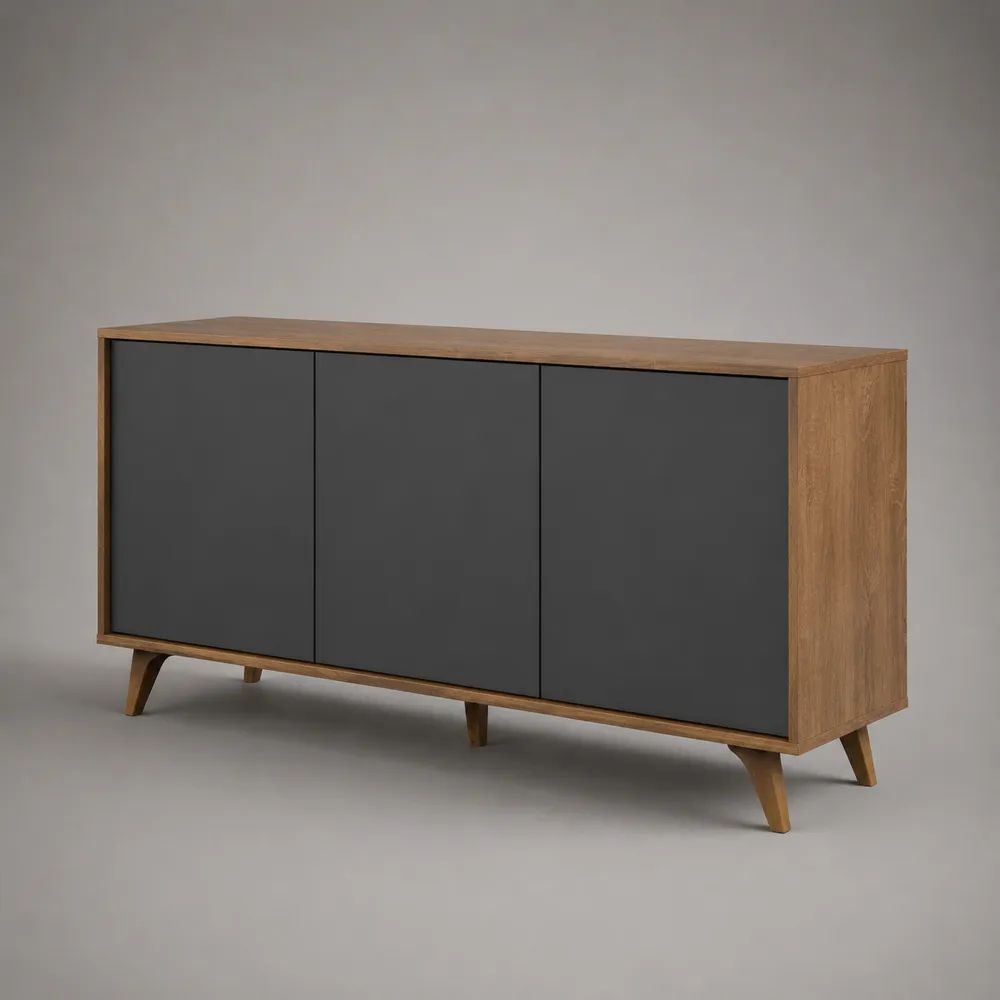 Credenza rettangolare a 3 ante in legno, rovere naturale e antracite, 160 × 40 × 80 cm
