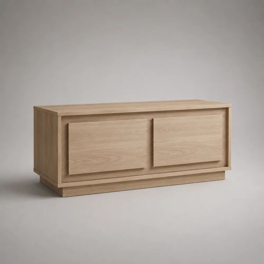 Tavolino da salotto contenitore rettangolare con 2 ante scorrevoli in MDF impiallacciato rovere naturale, 120 x 55 x 45 cm