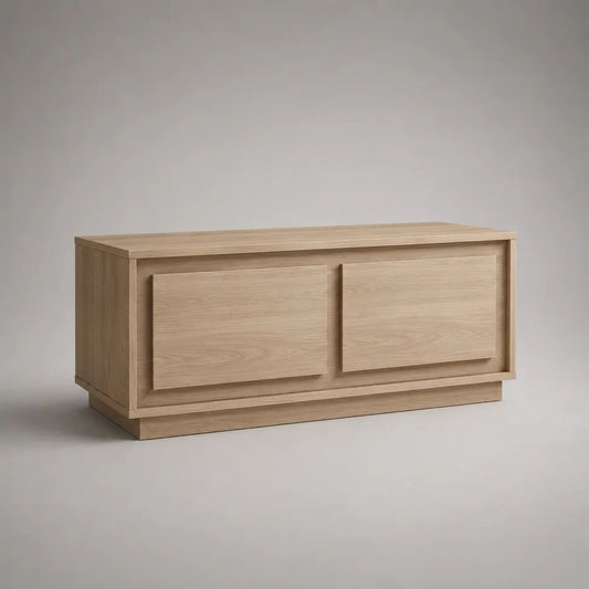 Tavolino da salotto contenitore rettangolare con 2 ante scorrevoli in MDF impiallacciato rovere naturale, 120 x 55 x 45 cm