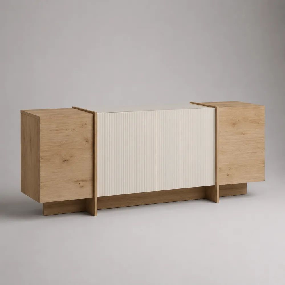 Credenza rettangolare a 4 ante in legno e MDF scanalato, rovere naturale e bianco crema, 180 x 40 x 80 cm