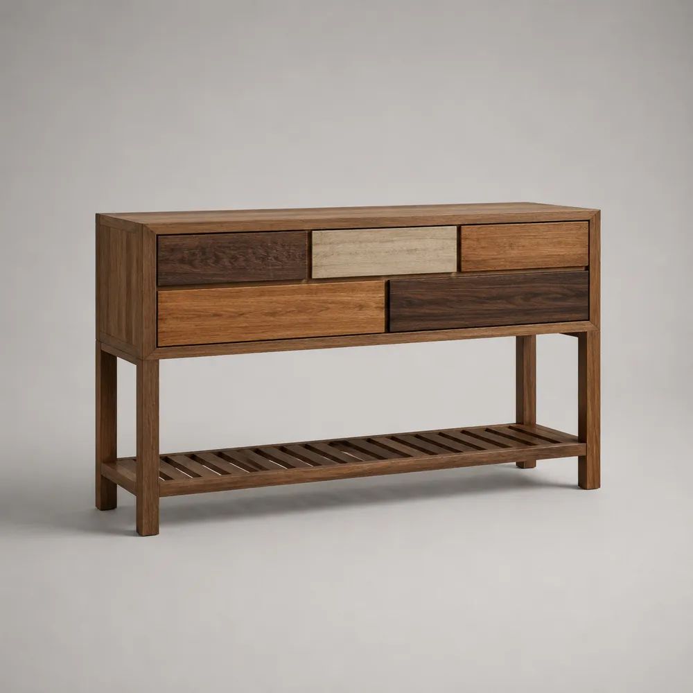 Credenza rettangolare in legno massello con 5 cassetti e ripiano a doghe, marrone naturale/marrone scuro/beige, 120 × 35 × 90 cm