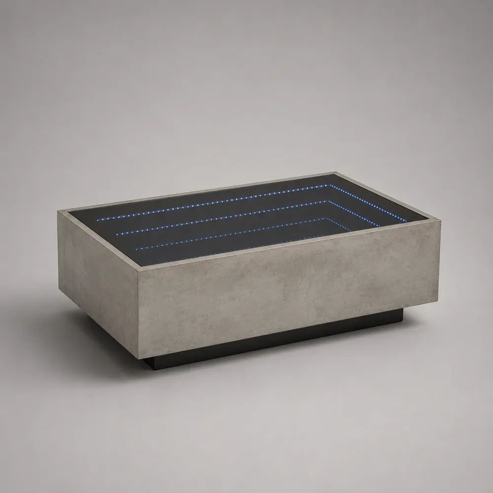 Tavolino rettangolare con effetto infinito LED, vetro temperato e MDF grigio cemento, 100 x 60 x 40 cm