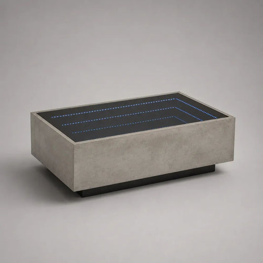 Tavolino rettangolare con effetto infinito LED, vetro temperato e MDF grigio cemento, 100 x 60 x 40 cm