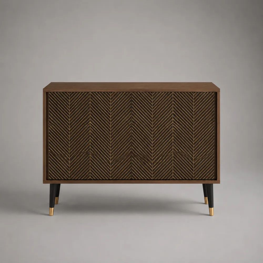 Madia credenza rettangolare a 2 ante in legno e metallo, marrone noce, nero e oro, 120 × 40 × 85 cm