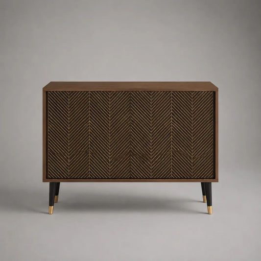 Madia credenza rettangolare a 2 ante in legno e metallo, marrone noce, nero e oro, 120 × 40 × 85 cm