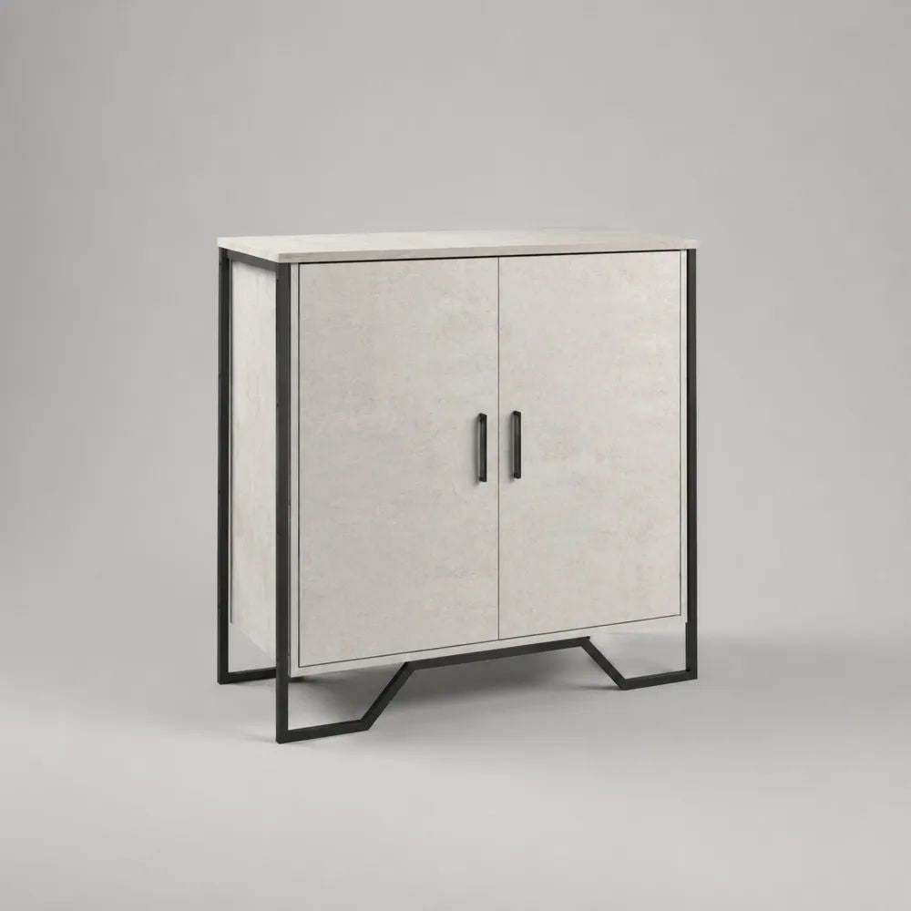 Credenza a 2 ante in MDF effetto cemento con struttura in acciaio nero, 80 x 35 x 85 cm