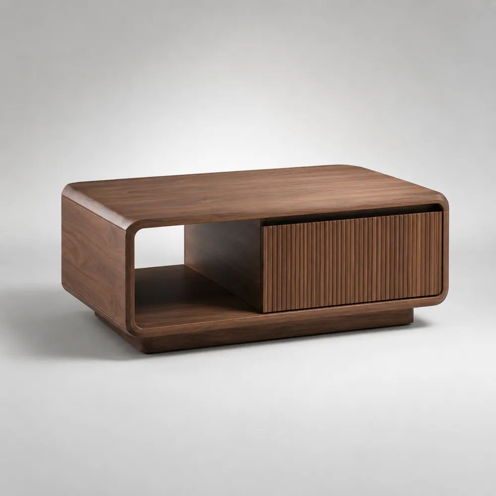 Tavolino rettangolare in MDF impiallacciato noce con cassetto scanalato e vano aperto, marrone noce, 120 x 60 x 45 cm