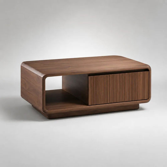 Tavolino rettangolare in MDF impiallacciato noce con cassetto scanalato e vano aperto, marrone noce, 120 x 60 x 45 cm