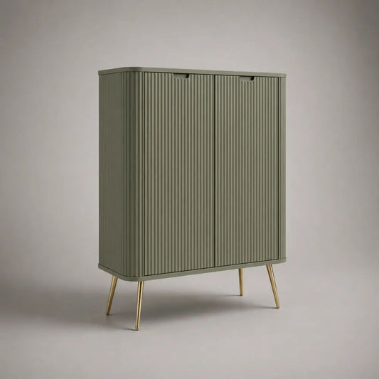 Credenza alta rettangolare a 2 ante in MDF scanalato con gambe in acciaio, verde oliva e oro, 100 x 40 x 130 cm