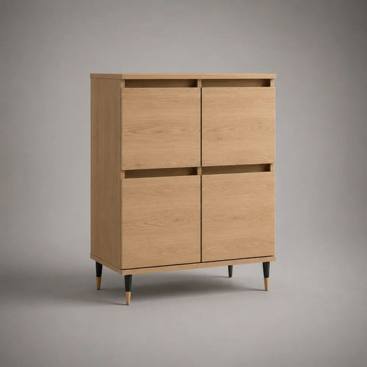 Credenza alta rettangolare a 4 ante in MDF impiallacciato rovere naturale, 90 x 40 x 120 cm