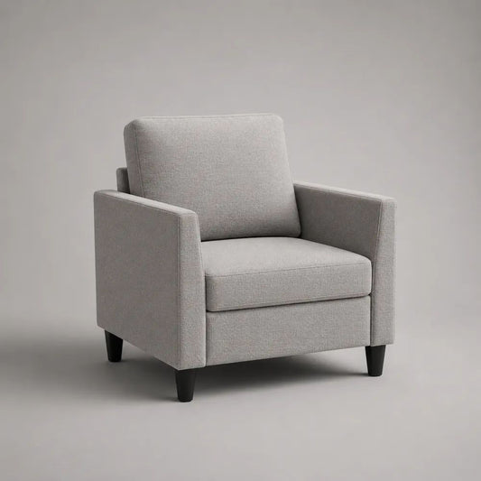 Poltrona imbottita in poliestere grigio chiaro con braccioli e gambe nere, 80 × 78 × 82 cm