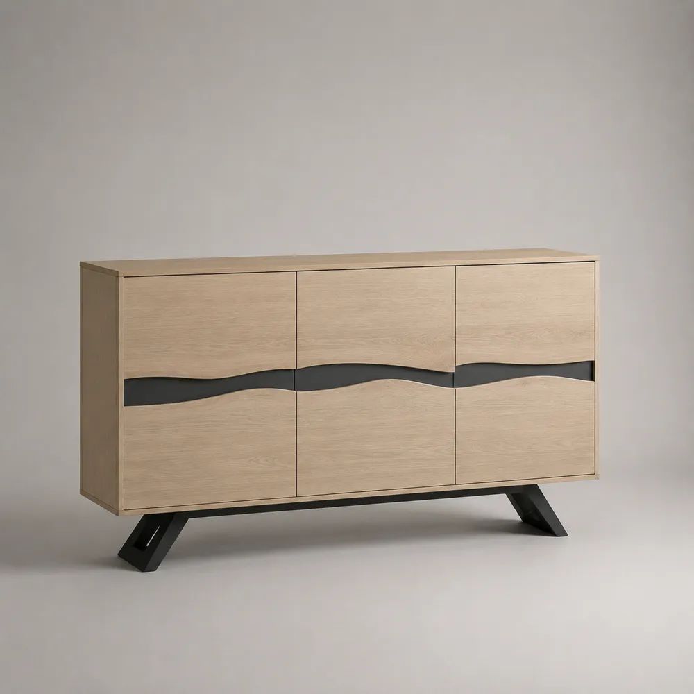 Credenza rettangolare a 3 ante in legno e metallo, rovere chiaro e nero, 140 × 40 × 85 cm