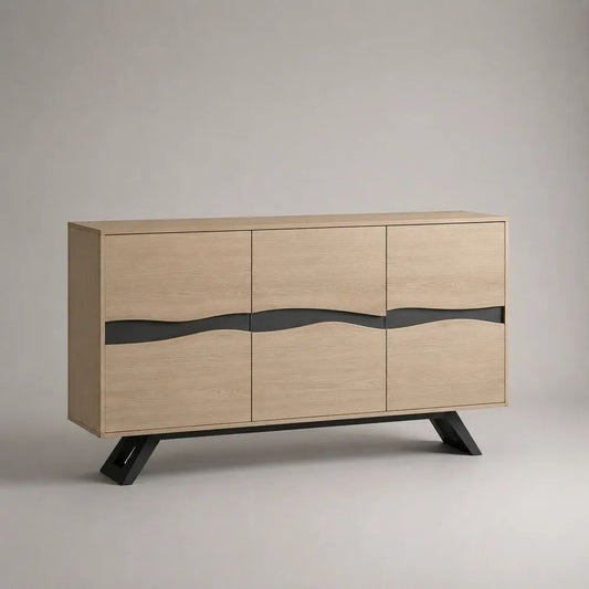 Credenza rettangolare a 3 ante in legno e metallo, rovere chiaro e nero, 140 × 40 × 85 cm