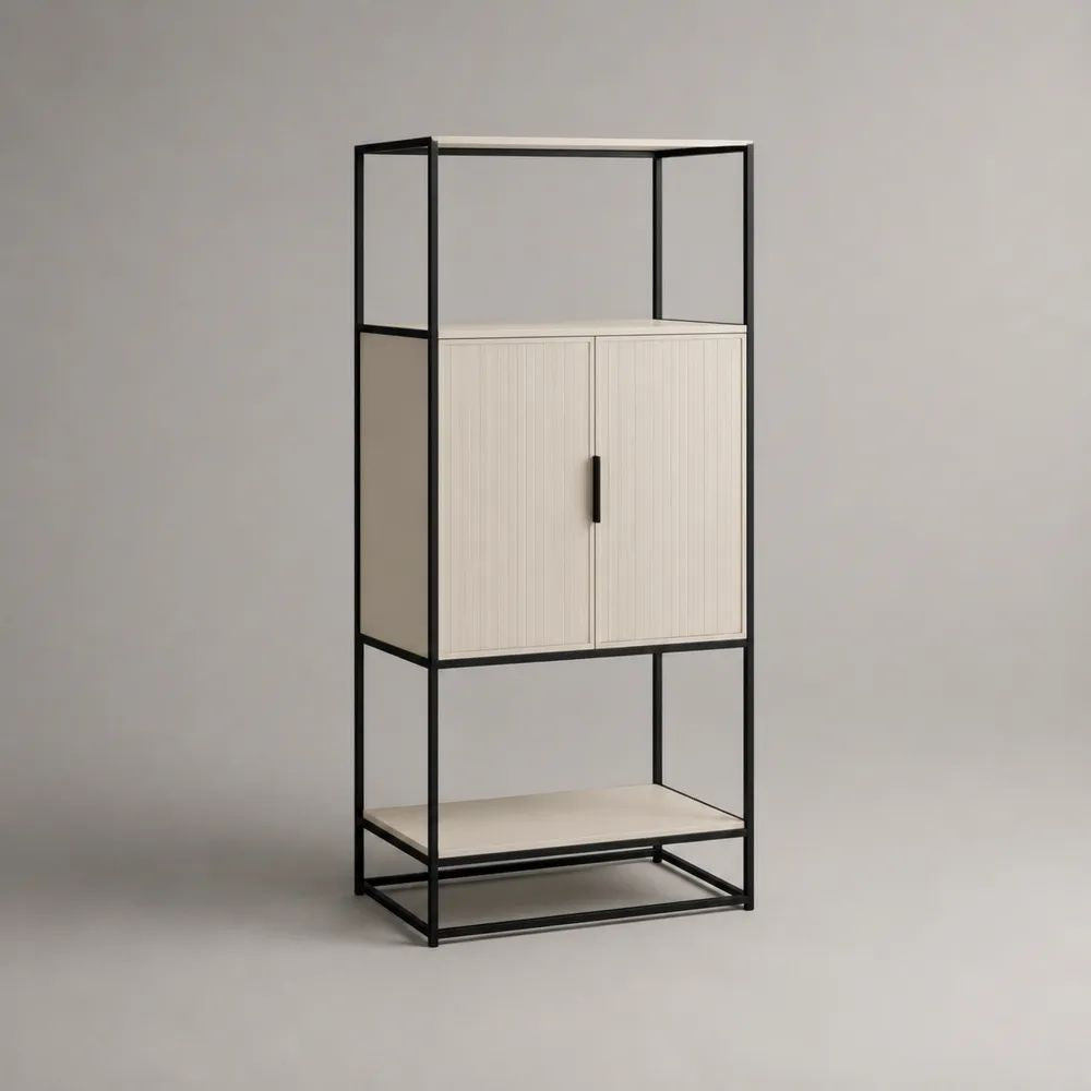 Credenza alta in MDF e acciaio con 2 ante e vani aperti, avorio e nero, 80 × 35 × 180 cm