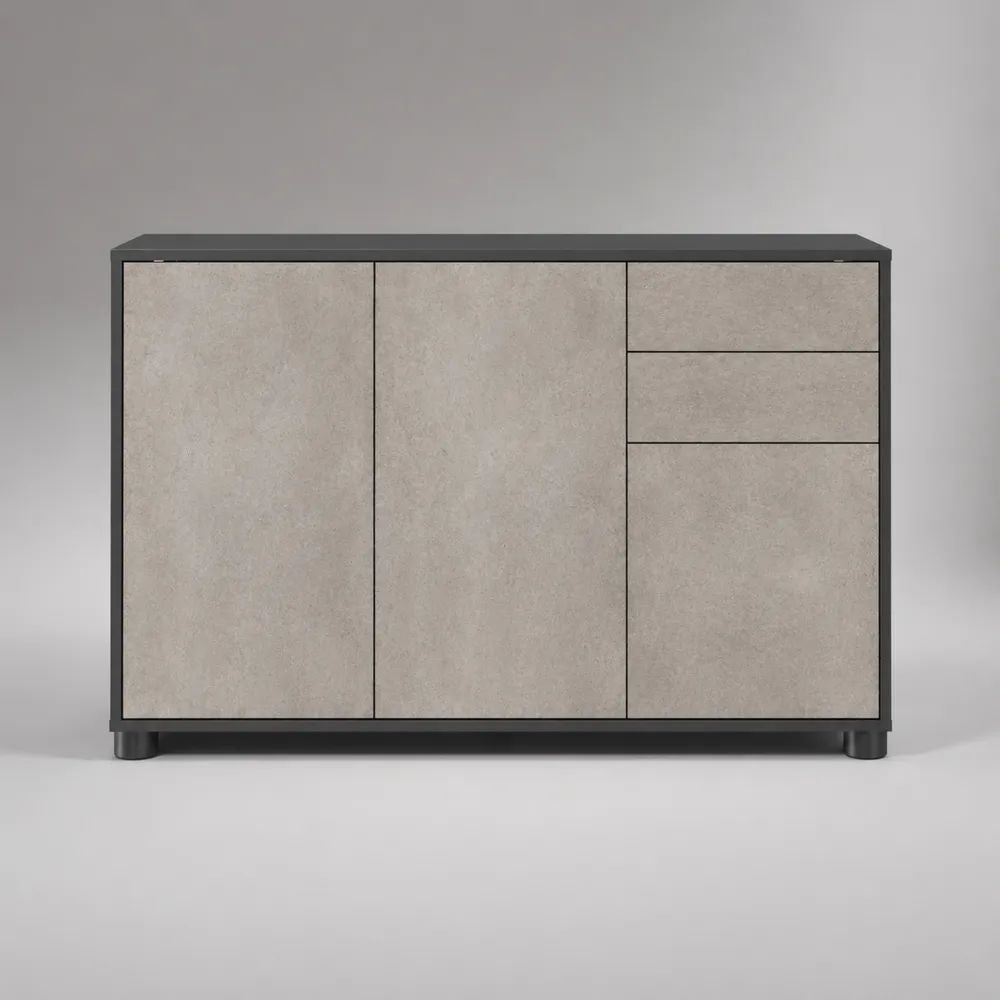 Credenza rettangolare in truciolare melaminico grigio cemento e nero con 2 ante e 3 cassetti, 120 x 40 x 80 cm
