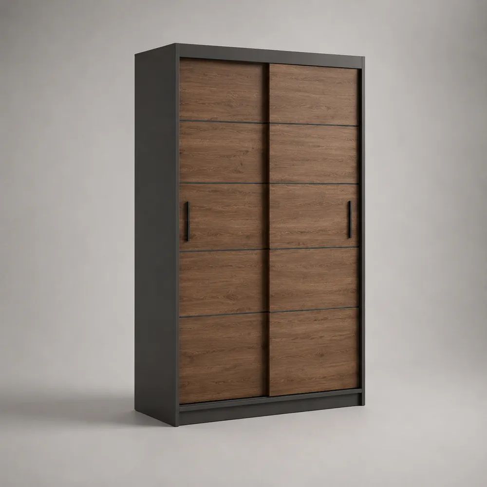 Armadio guardaroba a 2 ante scorrevoli in legno, noce e antracite, 120 × 60 × 200 cm