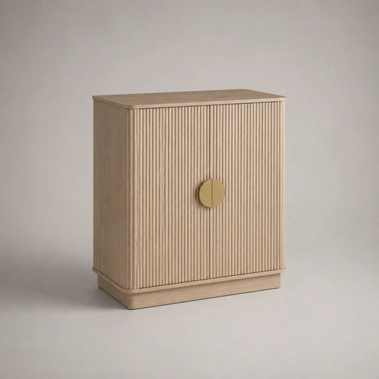 Credenza a 2 ante in MDF impiallacciato con frontale scanalato, beige chiaro e oro, 80 x 40 x 90 cm