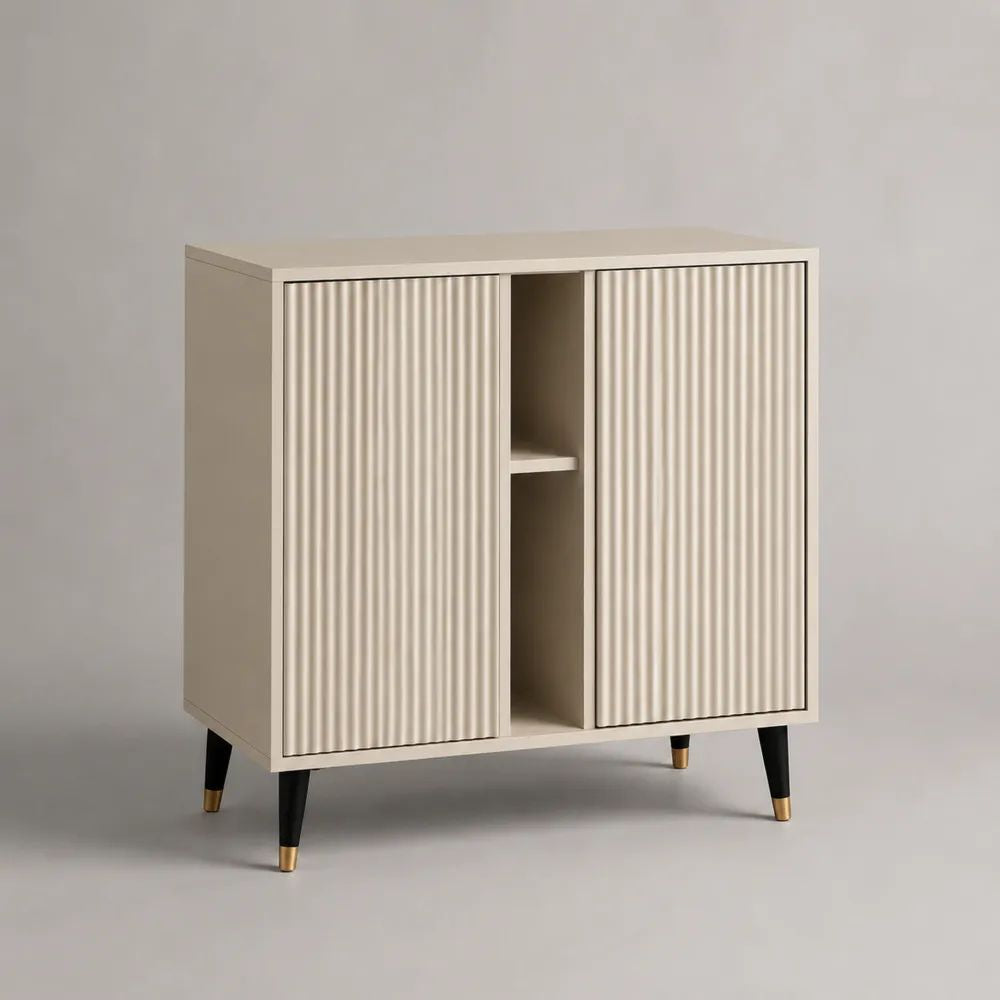 Credenza rettangolare in MDF beige con 2 ante scorrevoli scanalate, vano aperto e ripiano, 80 x 40 x 85 cm