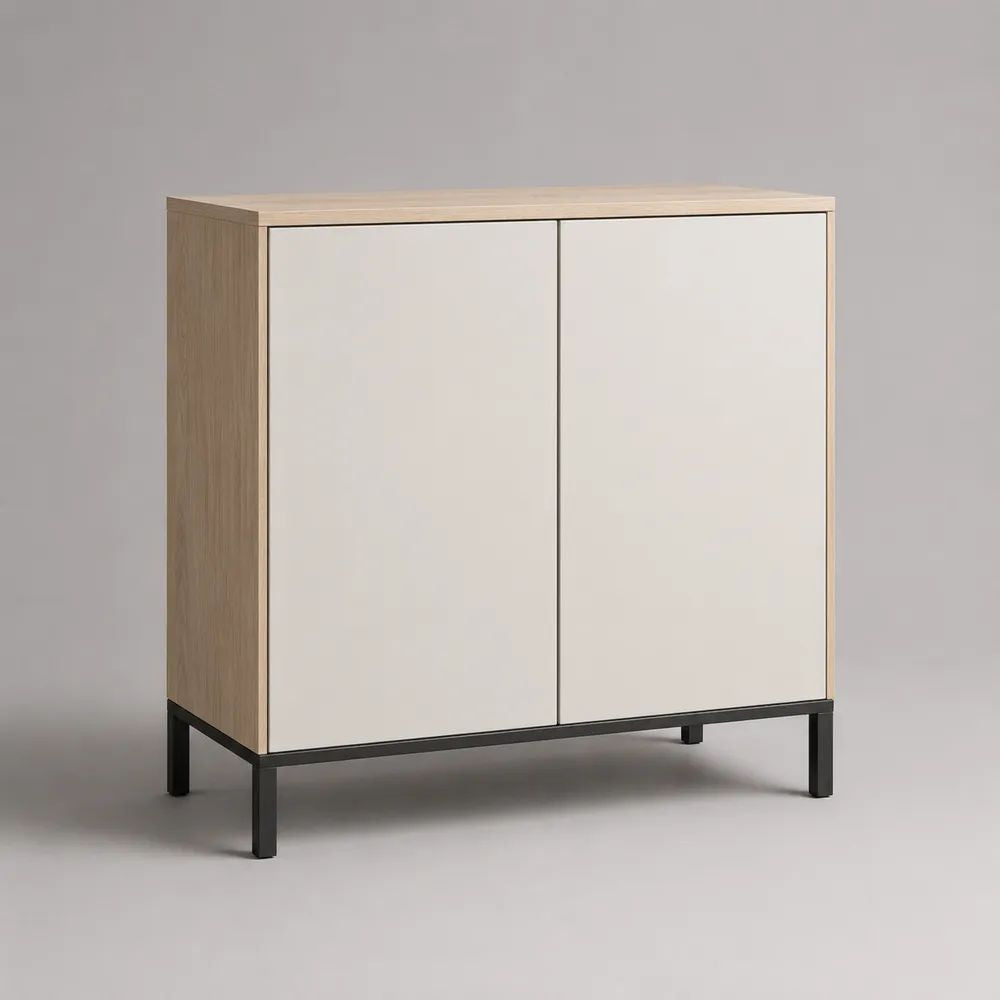 Credenza rettangolare a 2 ante in legno e acciaio, rovere naturale, bianco e nero, 90 x 40 x 90 cm