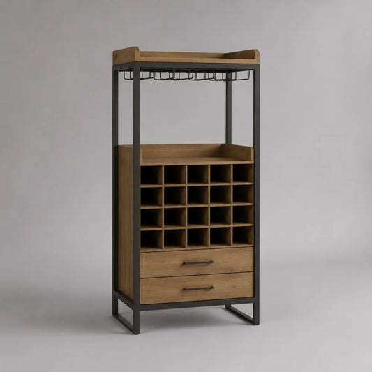Mobile portabottiglie da terra rettangolare in legno e acciaio per 20 bottiglie con portacalici e 2 cassetti, rovere/antracite, 80 × 40 × 180 cm