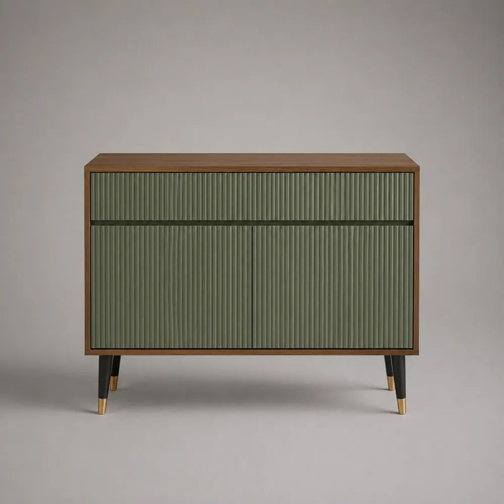 Credenza da soggiorno in MDF impiallacciato noce con 2 ante scanalate verde oliva e 1 cassetto, 120 × 40 × 90 cm
