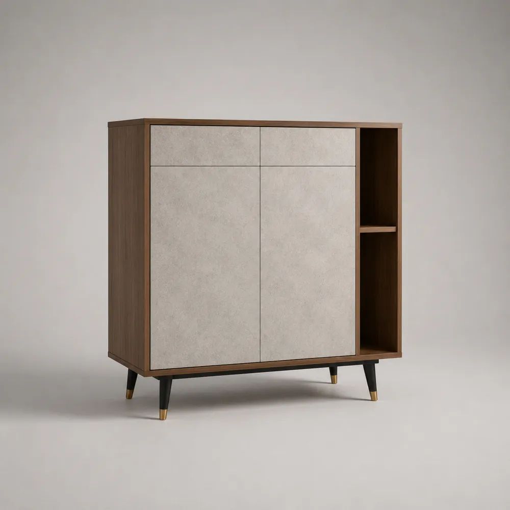 Credenza alta rettangolare in legno con 2 ante, 2 cassetti e 2 vani aperti, marrone noce, beige pietra, nero e oro, 100 x 40 x 100 cm