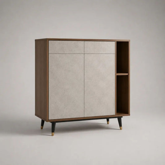 Credenza alta rettangolare in legno con 2 ante, 2 cassetti e 2 vani aperti, marrone noce, beige pietra, nero e oro, 100 x 40 x 100 cm