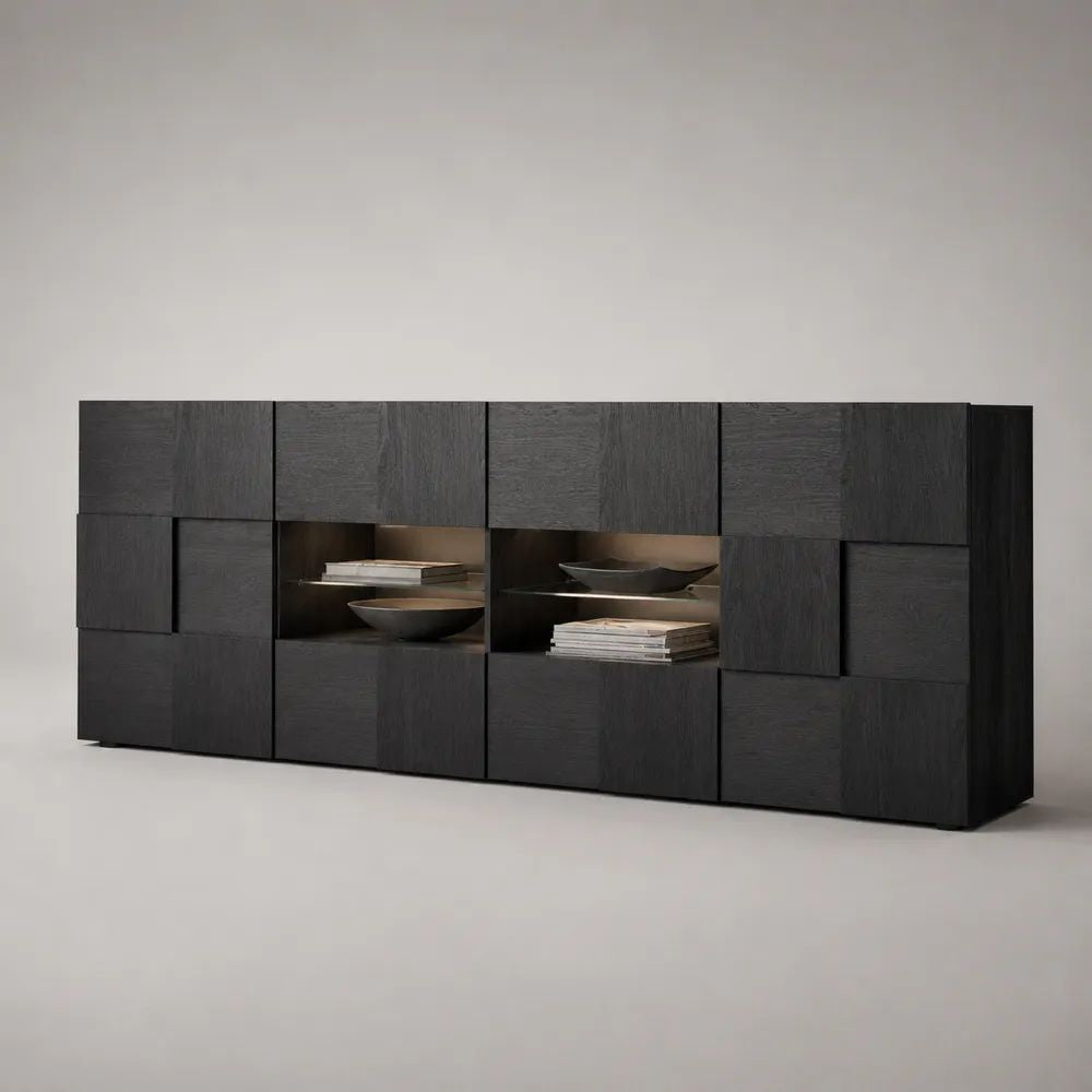 Credenza rettangolare in legno con 12 ante, 2 vani a vista e illuminazione LED, nero/bronzo, 240 × 42 × 82 cm