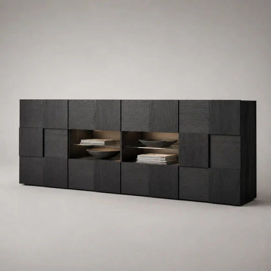 Credenza rettangolare in legno con 12 ante, 2 vani a vista e illuminazione LED, nero/bronzo, 240 × 42 × 82 cm