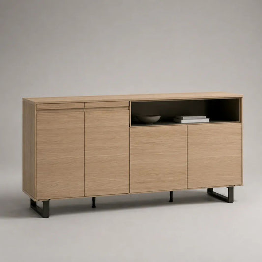 Credenza rettangolare in legno con 4 ante, 2 cassetti e vano aperto, rovere naturale, antracite e nero, 180 x 40 x 100 cm