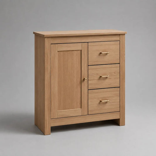 Credenza rettangolare in legno con 1 anta e 3 cassetti, rovere naturale e ottone, 90 x 40 x 100 cm