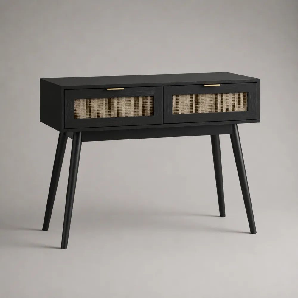 Consolle rettangolare in legno con 2 cassetti e rattan, nero e naturale, 100 x 35 x 80 cm
