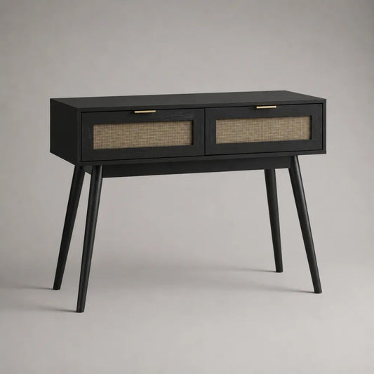 Consolle rettangolare in legno con 2 cassetti e rattan, nero e naturale, 100 x 35 x 80 cm