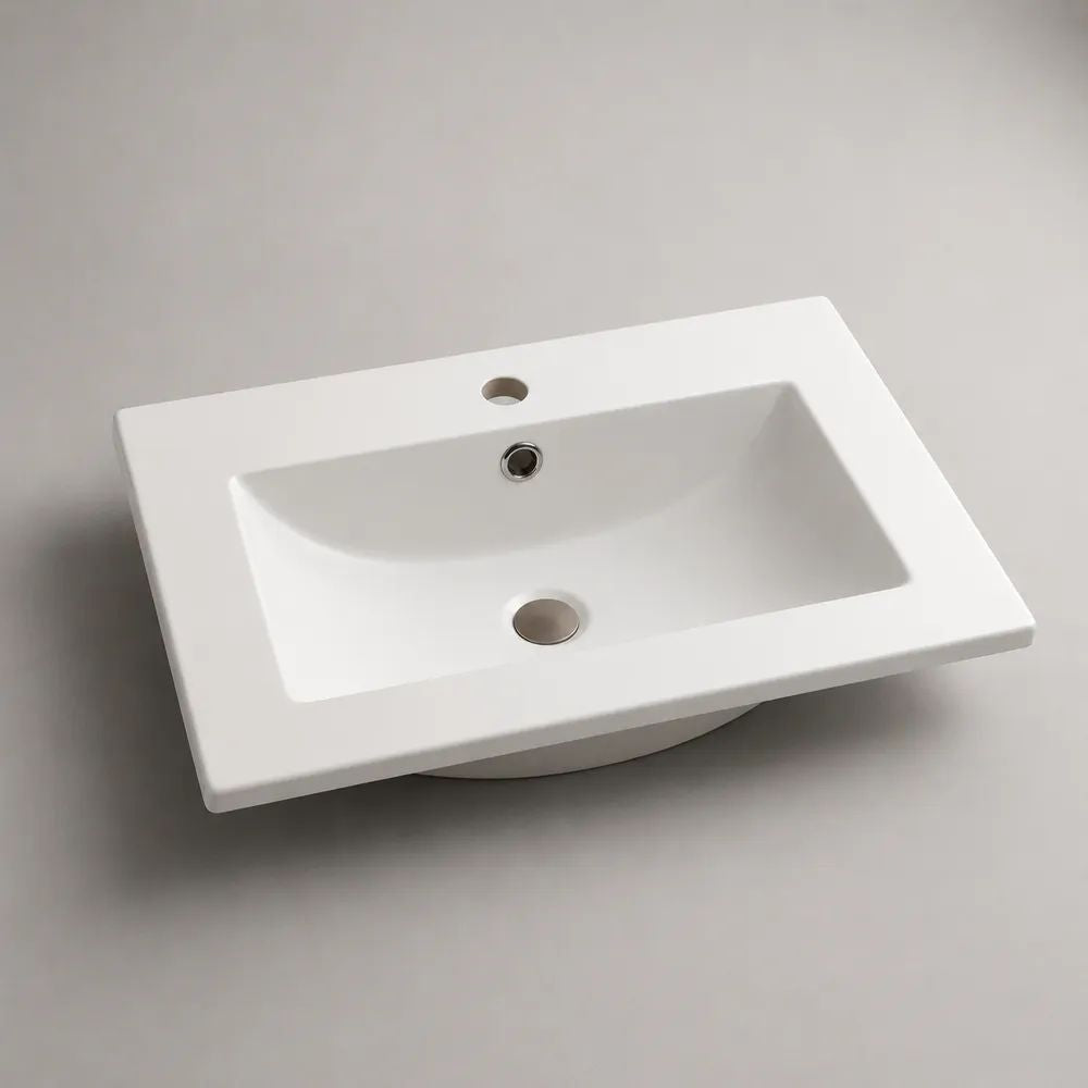Lavabo da incasso rettangolare in ceramica bianca 60 × 46 × 18 cm con foro per rubinetto e troppopieno