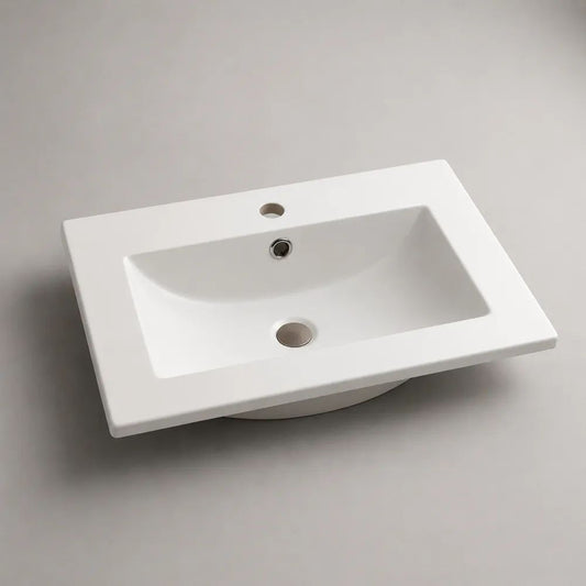 Lavabo da incasso rettangolare in ceramica bianca 60 × 46 × 18 cm con foro per rubinetto e troppopieno