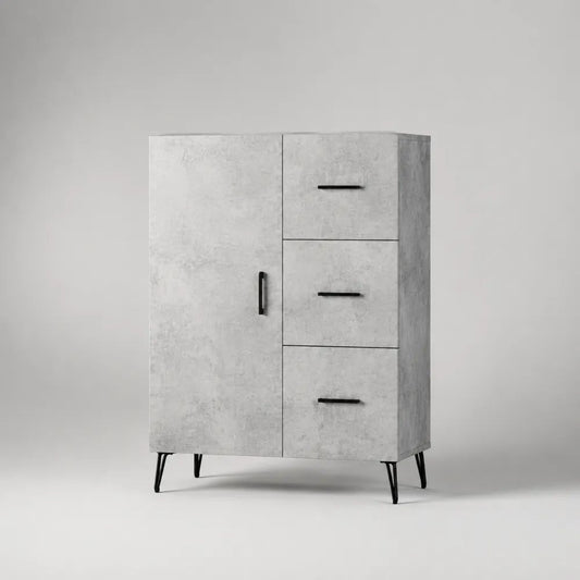 Credenza alta con 1 anta e 3 cassetti in legno melaminico grigio cemento e metallo nero, 80 x 40 x 120 cm