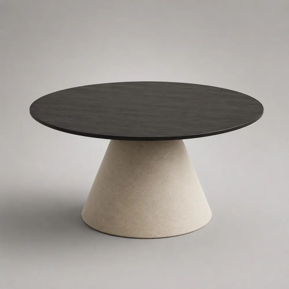 Tavolino da salotto rotondo nero e beige in legno con base in calcestruzzo, Ø 80 × H 40 cm