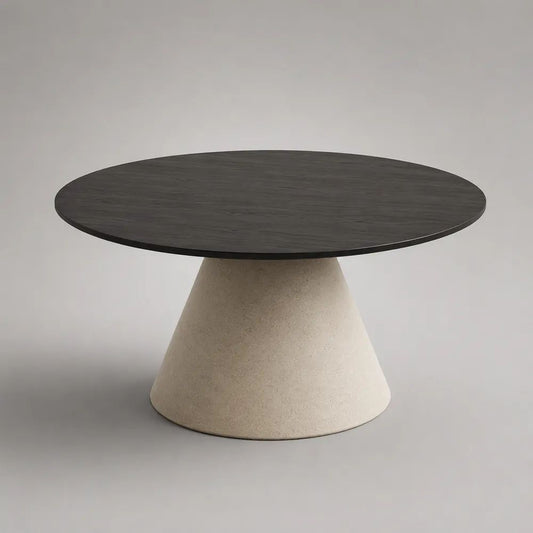 Tavolino da salotto rotondo nero e beige in legno con base in calcestruzzo, Ø 80 × H 40 cm