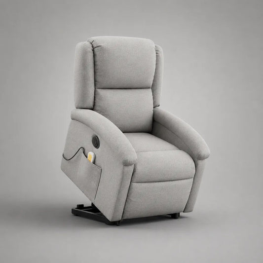 Poltrona relax elettrica alzapersona reclinabile in poliestere grigio chiaro e nero, 76 x 90 x 108 cm